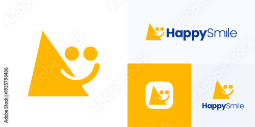 Creative triangle with smile shapes logo icon design vector illustration template, Simple symbol happy face smiling concept with yellow color for identity business company
