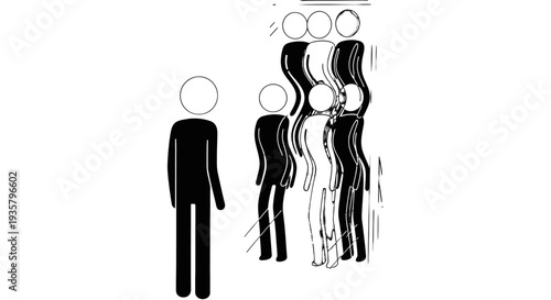 A lone figure standing apart from a group of people.