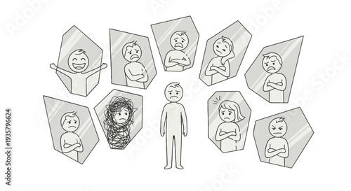 Man surrounded by coffins with different facial expressions and hairstyles.