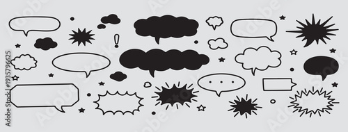 The image displays a collection of various speech bubbles and thought clouds in different shapes, styles, and shades (black, outline, and filled). speech bubble comic