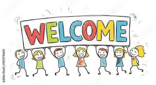 Children holding welcome sign together happily.