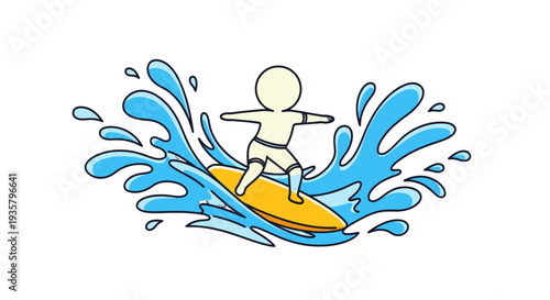 Simple stick figure illustration of a person surfing on a wave.