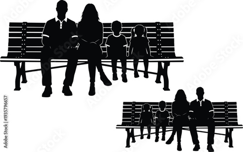 Family sitting on park bench silhouette, parents with children outdoor scene, family bonding concept, black silhouette vector illustration