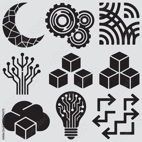 This image displays a collection of icons representing various technology concepts. speech bubble comic
