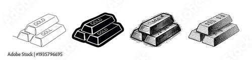Collection of four gold bar illustrations in black and white, showcasing diverse graphic styles including line art, silhouette, hatching, and dot work