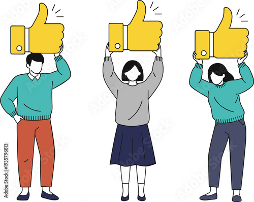 People holding large thumbs up icons for social media like feedback customer satisfaction and positive recommendation vector illustration in minimalist style
