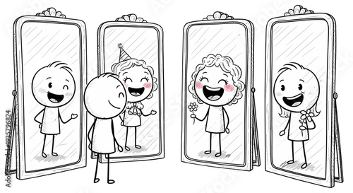 Cartoon character admiring multiple reflections in mirrors with different personas.