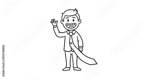 Cartoon businessman waving with tie blowing in the wind.