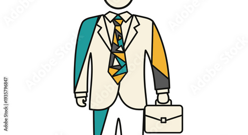 Cartoon businessman with briefcase and colorful suit.