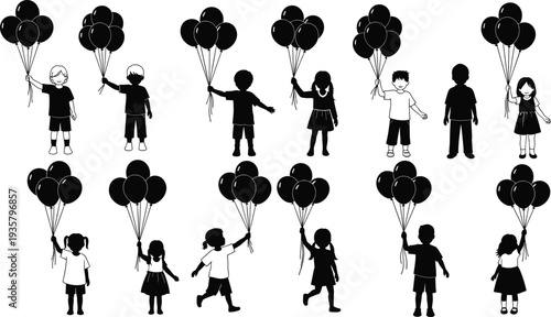 Happy children silhouette set holding bunches of balloons for birthday parties, celebrations, childhood joy, and festive events vector design elements.
