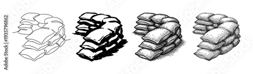 Set of four sandbag barricade illustrations in black and white, showcasing different artistic styles including continuous line drawing, ink brush, engraving, and stippling