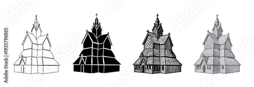 Four traditional wooden stave church illustrations shown in a set with different artistic styles including simple outline, black silhouette, ink hatching, and stippling