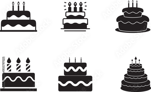  Birthday cake icon set isolated on white background, flat vector stock illustration