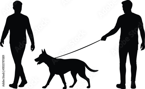 Man walking dog silhouette, male owner holding leash with pet in side view, black vector illustration isolated on white background for lifestyle design