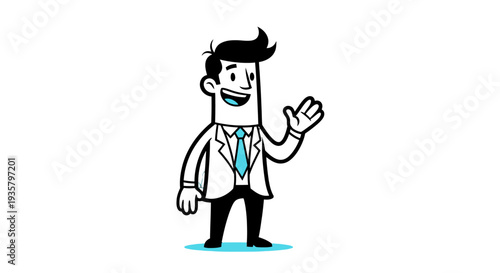 Cartoon businessman waving hand in greeting or farewell gesture.