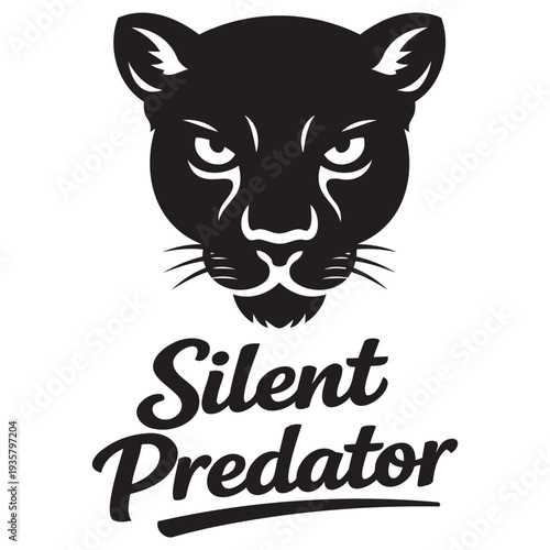 Minimalist black panther head logo design with fierce expression and elegant typography reading silent predator below
