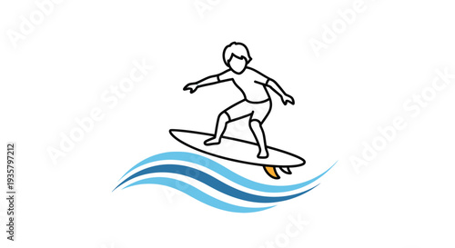 Simple line art illustration of a surfer riding a wave.
