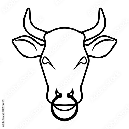 Bull head outline silhouette with nose ring and horns for livestock farming mascot. Organic beef butcher, cattle ranch symbol, and steakhouse logo icon.
