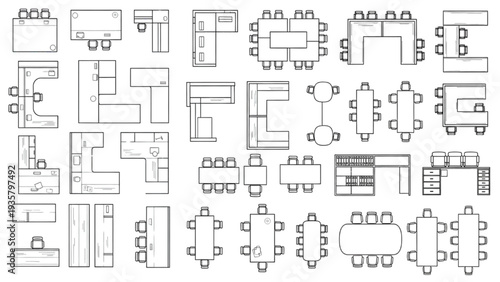 Top-down vector outlines of diverse office desks and tables for modern workspace planning and interior design layouts