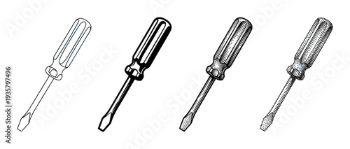 Set of four flathead screwdrivers illustrated in different graphic styles including line art, silhouette, engraving, and stipple dotwork for a technical concept