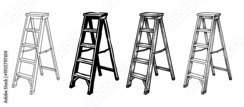 Set of four stepladder illustrations showing various graphic techniques like line art, solid silhouette, engraving, and stippling for design elements