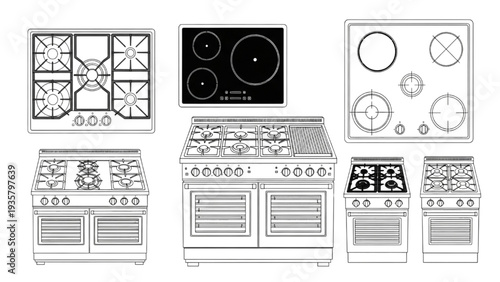 Collection of various gas and electric stoves and cooktops