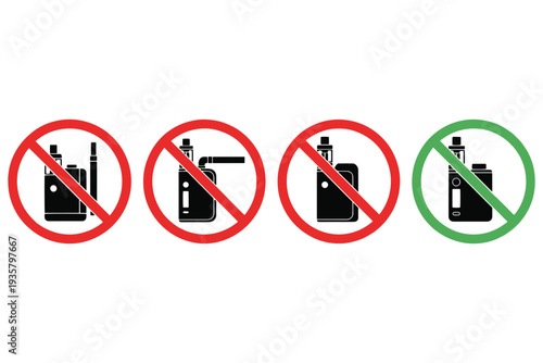A set of icons indicating no smoking or vaping allowed with one green allowed icon