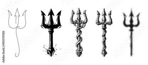 Collection of five black trident illustrations showcasing different artistic styles from simple line art and silhouette to detailed engraving and halftone dot patterns