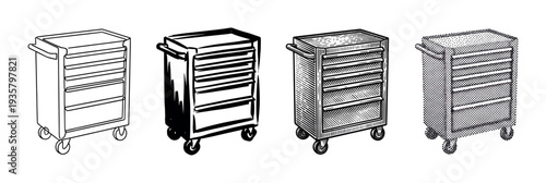 Four tool cabinet trolley illustrations in different artistic styles including line art, ink sketch, engraving, and halftone, showing a mobile storage unit with a retro comic feel