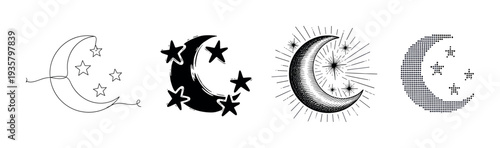 Set of four crescent moon and star illustrations showcasing different artistic styles including minimalist one-line art, bold silhouette, vintage engraving, and digital pixel dots