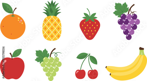 Colorful Fruit Icon Set Featuring Orange, Pineapple, Strawberry, Grapes, Apple, Banana and Cherries for Healthy Food Design, Organic Nutrition and Grocery Illustration