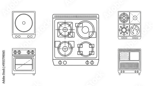 Collection of Outline Kitchen Cooking Appliances Stoves, Ovens, and Cooktops
