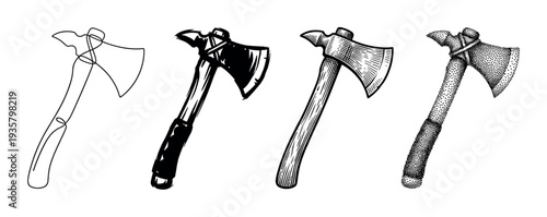 Set of four black tomahawk illustrations in different artistic styles including continuous line art, bold ink sketch, vintage engraving, and modern pointillism