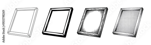 Set of four rectangular picture frames shown in different artistic illustration styles, including clean line art, solid ink, vintage woodcut engraving, and stippling dotwork