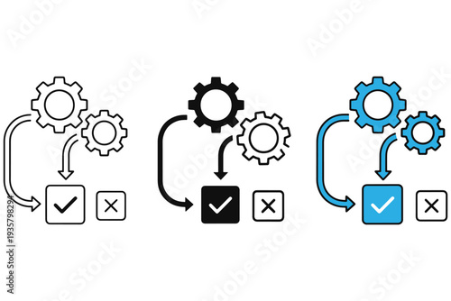 A flowchart illustration showing a process of verification and approval with gears and checkmarks