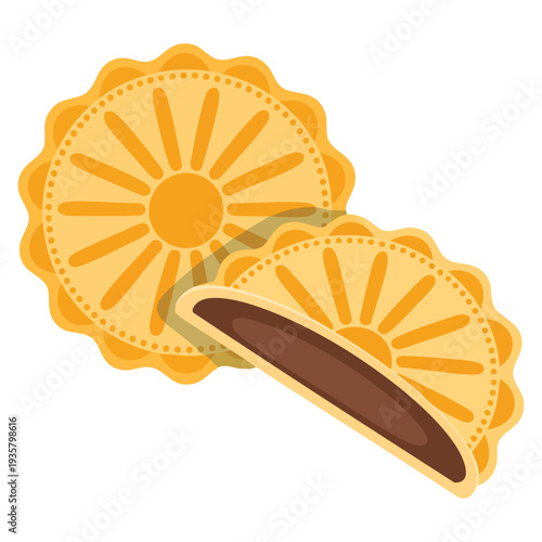 Illustration of a cross section of Japanese confectionery Monaka showing sweet filling inside traditional dessert perfect for food culture and pastry design themes