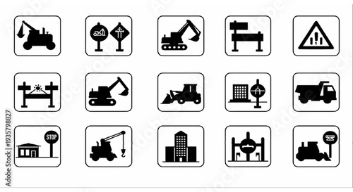 Road Construction Silhouette Icon Set, Traffic Signs and Urban Infrastructure Black Vector Collection