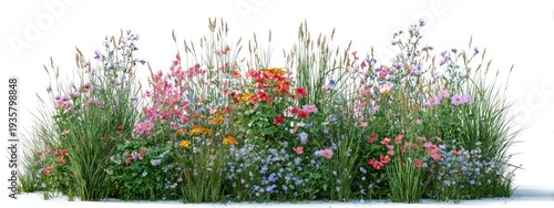 A lush, vibrant flower bed overflowing with diverse, colorful wildflowers and tall grasses