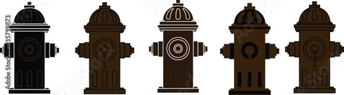 Fire hydrant collection vector set, urban street safety equipment icons, emergency water supply hydrants, flat design illustration pack