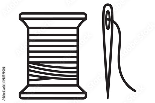 A simple black and white illustration of a spool of thread and a sewing needle.