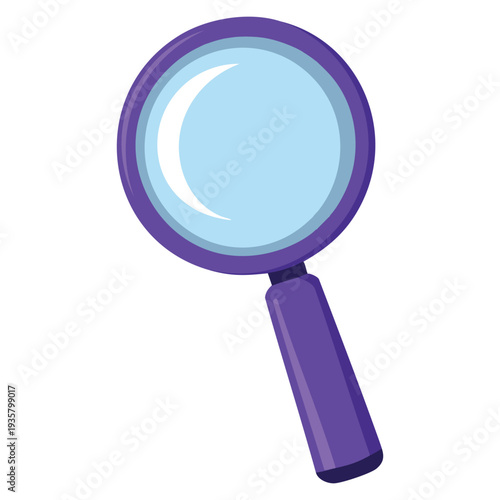Illustration of a purple magnifying glass isolated on a white background, search tool concept perfect for investigation, research and discovery themes