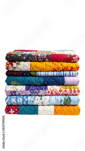 Stack of Colorful Patchwork Quilts Against Black Background
