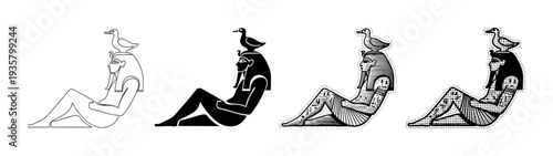 Ancient Egyptian god Geb illustration set showing four different graphic styles including line art, silhouette, engraving, and halftone dot pattern for mythological concepts