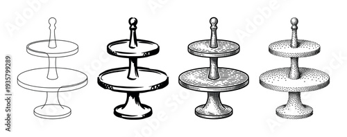 Four two-tiered serving stands illustrated in a progression of artistic styles from simple line art to ink sketch, detailed engraving, and classic stippling technique