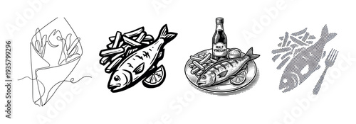 Four black and white fish and chips illustrations in different graphic styles, from minimalist one-line art and bold icons to detailed engraving and modern halftone patterns