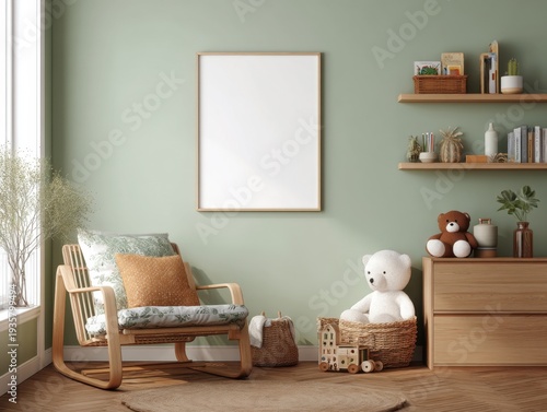 Cozy nursery with mint walls and wooden furniture. White teddy bear sits beside woven basket. Rattan chair holds patterned cushions and blanket. Shelving holds books, decor, and small plants
