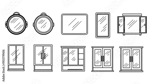 Essential Bathroom Fixtures A Comprehensive Set of Mirrors and Storage Cabinet Icons