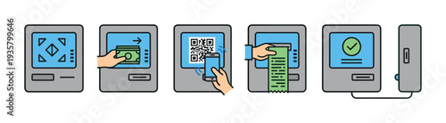 Self-service kiosk payment instruction icon set illustrating the user process with cash deposit, smartphone QR code scanning, and printing a receipt for a successful transaction