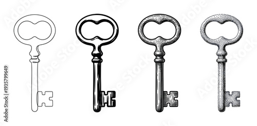 Set of four antique skeleton keys illustrated in various graphic styles including outline, ink sketch, engraving, and stippling, showing different artistic techniques
