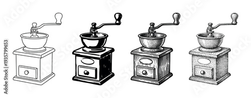 Four vintage manual coffee grinder illustrations in different graphic styles including line art, solid black, detailed engraving, and stippling for a classic retro aesthetic